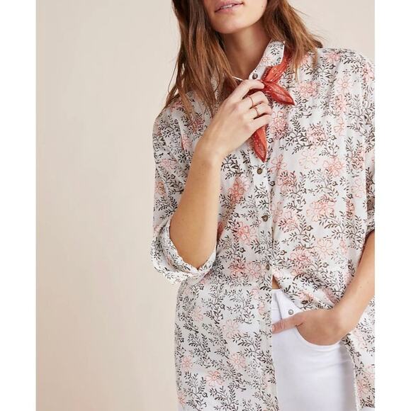 Anthropologie Enchanted Oversized Cotton Cream Floral Button Up Shirt XS - Picture 1 of 12